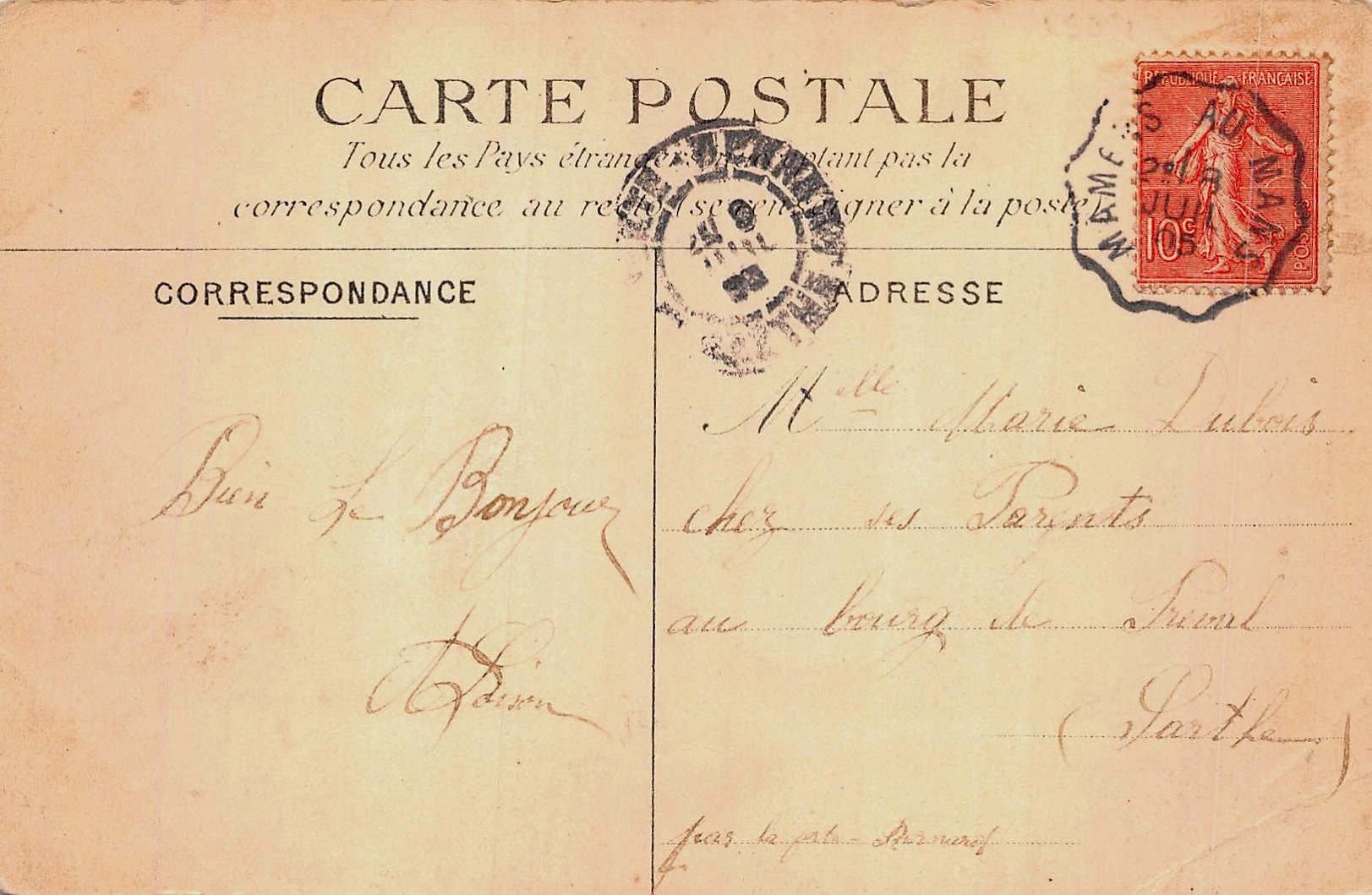 Courrier-Convoyeur Mamers au Mans = Obliteration ferroviaire 'courrier-convoyeur' sur carte postale de Déhault, Sarthe 1905 